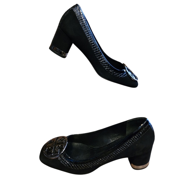 Tory Burch Women's Black Suede Heels Crocodile Embossed Trim Silver Sz 6.5 EUC - Picture 5 of 9